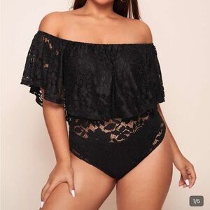 Black Lace Off-Shoulder Bodysuit with Button Closure
